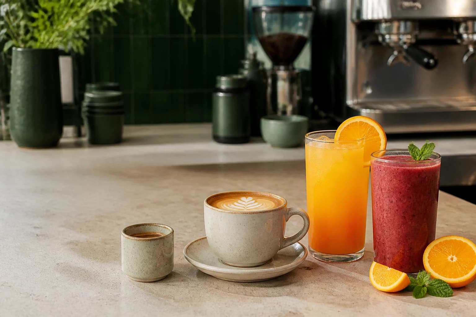 Artisan coffee, espresso, orange juice and berry smoothie on a cafe counter