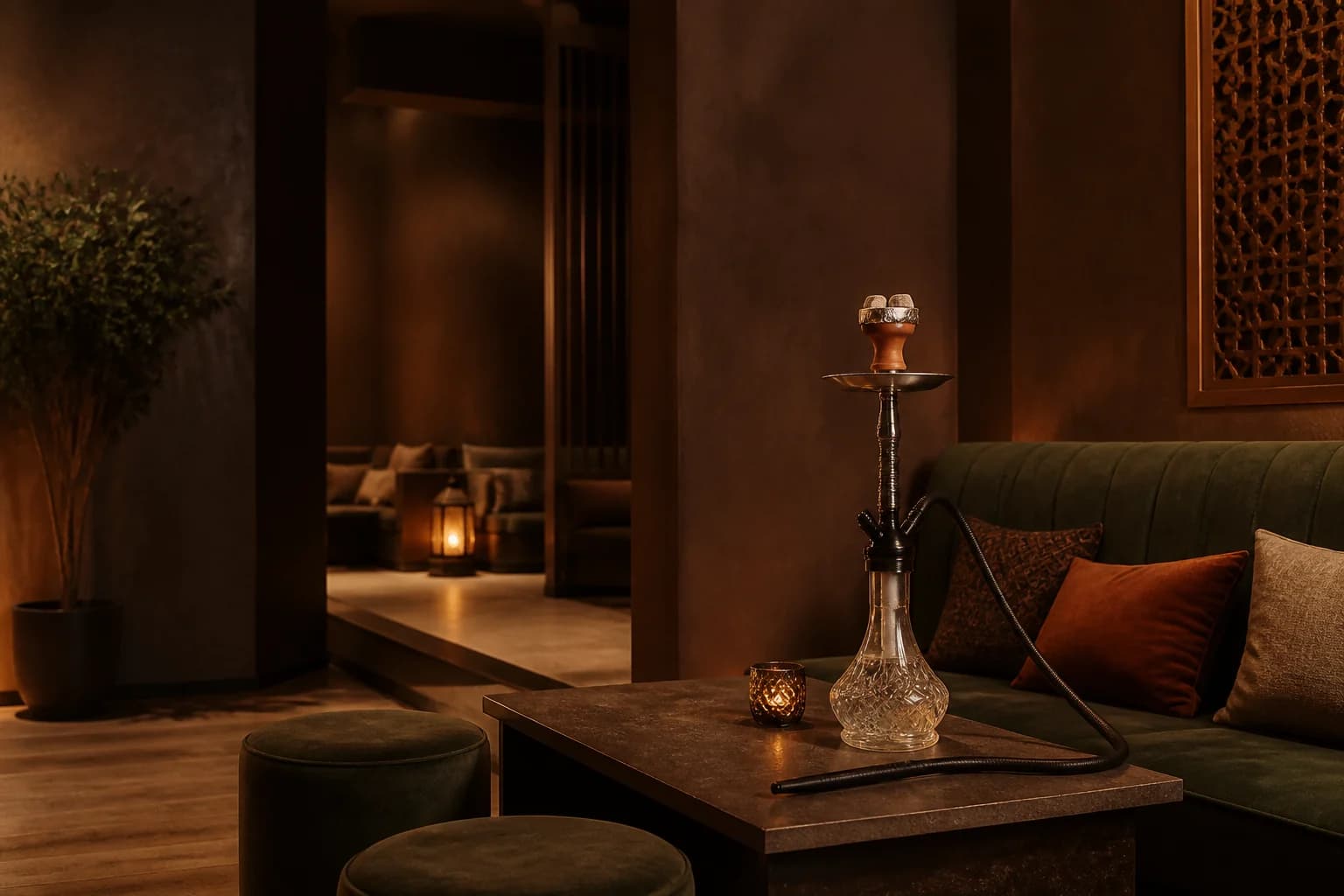 Warm lounge seating with a traditional shisha pipe