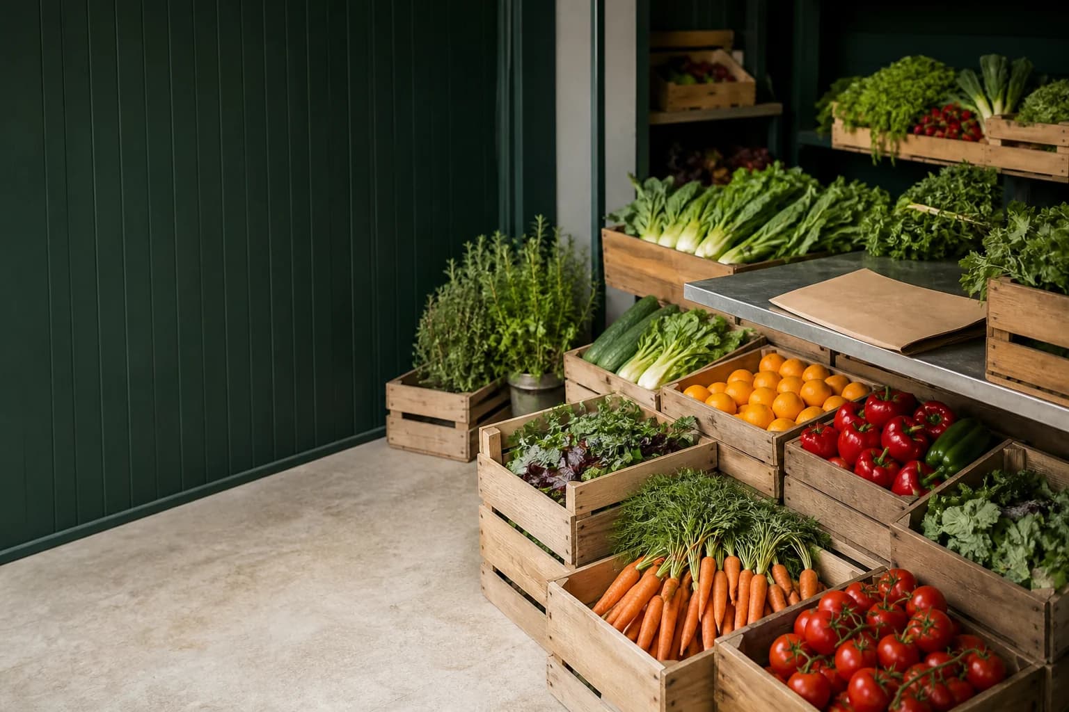 Fresh vegetables and fruit arranged in wooden produce crates